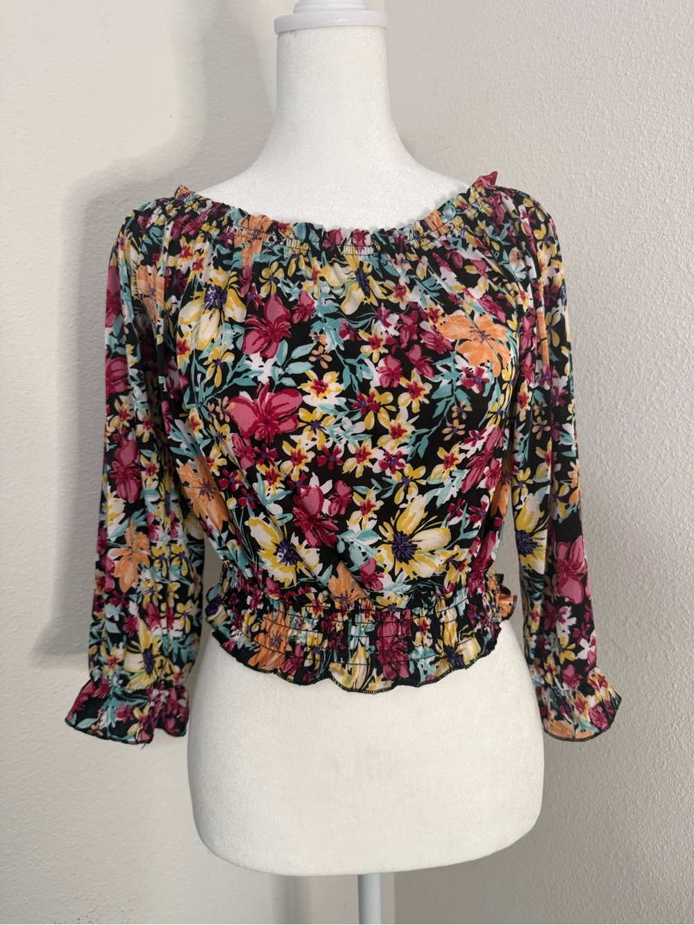 GM Fashion Smocked Off Shoulder Floral Crop Top Peasant Long Sleeve S/M